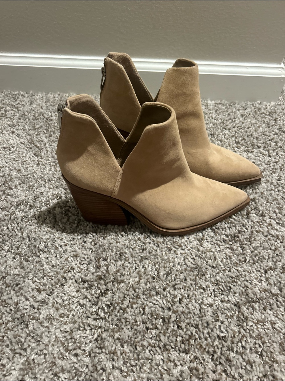 Vince Camuto Beige Suede Pointed-Toe V-Cut Ankle Booties